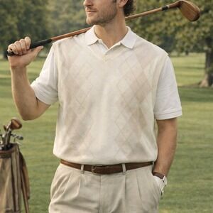 Izod Golf Men's Ivory Cotton Argyle Sweater Vtg-Look Vest Preppy Light Academia